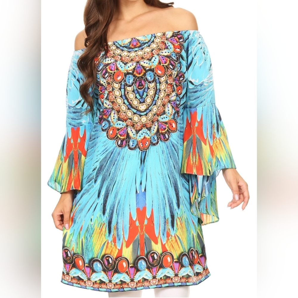 Sakkas Inna Colorful Shift Dress Tunic Bell Ruffled Sleeves Beach Coverup OS NWT